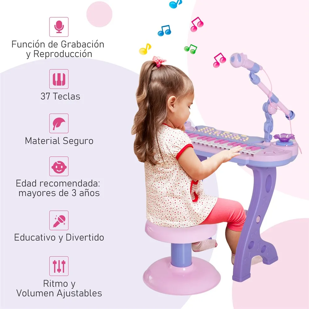 HOMCOM Fortepijonas Infantil 37 Teclas Teclado Electronico Juego de Piano Regalo Juguete Educativo para Ninos +3 Anos con Microfono Tab