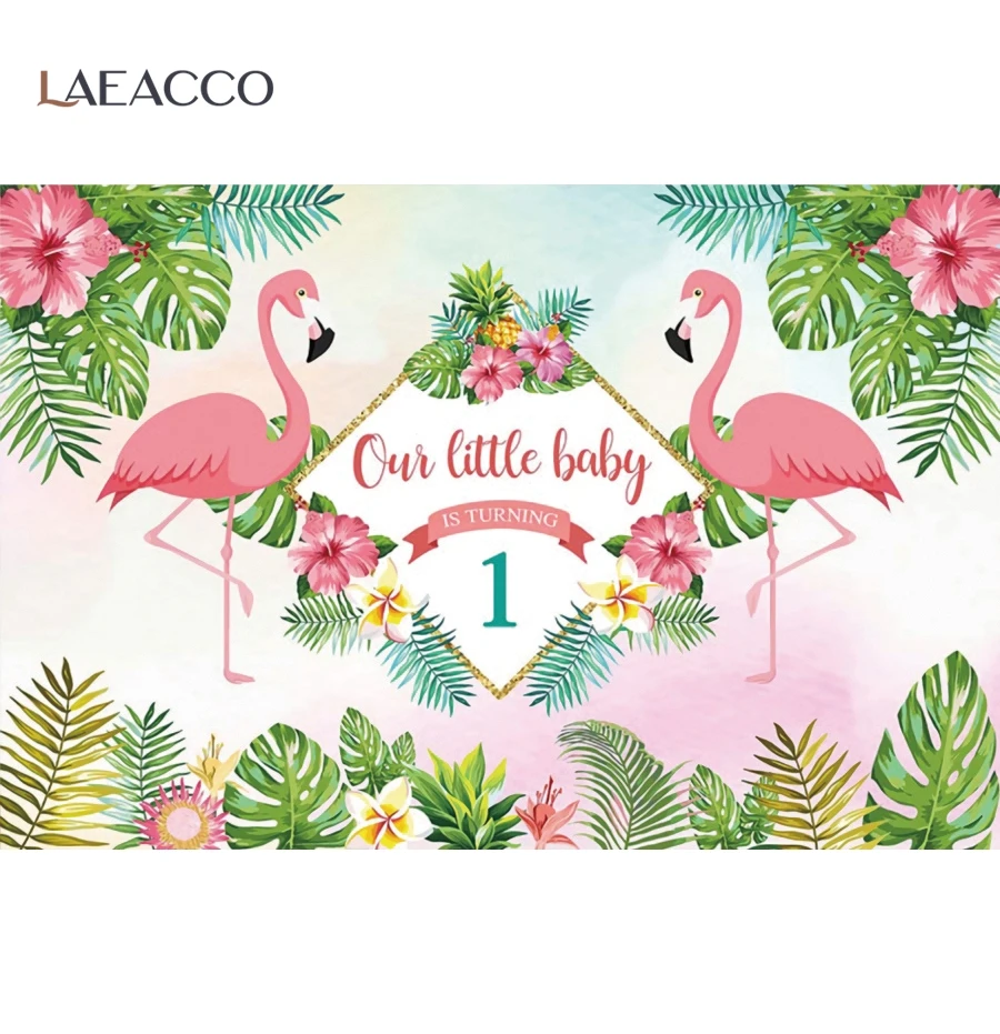 Laeacco Flamingo 1st Birthday Party Rožinė Atogrąžų Palmių Medžių Vaiko Individualų Plakatas Portretas Fone Foto Fonas