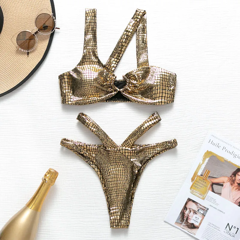 Peachtan Seksualus blizgančių bikini komplektas 2020 Vieną petį maudymosi kostiumėlį moterų Aukso gyvatė maudymosi kostiumėliai moterims, Tuščiaviduriai iš besimaudančiųjų maudymosi kostiumas naujas
