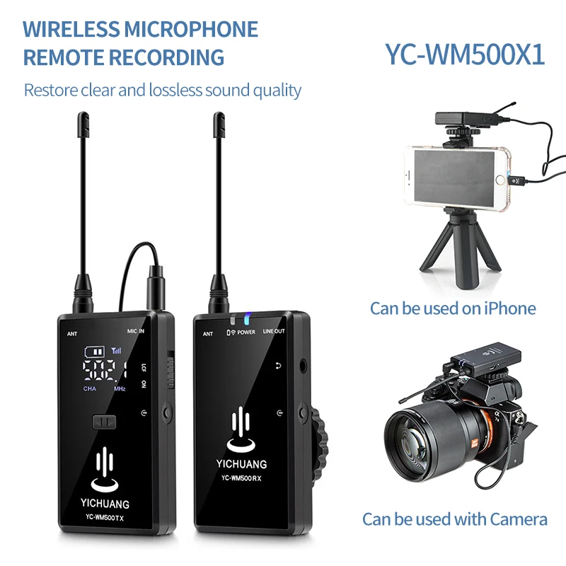YC-WM500X1 20 Kanalų UHF Belaidžio Lavalier Microphone Sistema 50m Asortimentą DSLR Fotoaparatas iPhone Pokalbio Įrašymo Atvartas, Mic