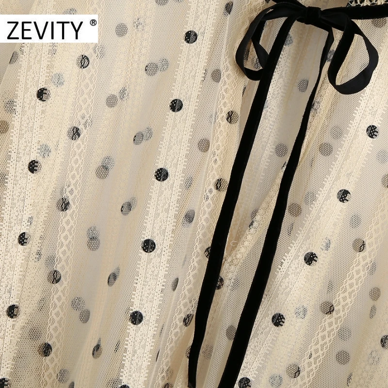 ZEVITY moterų derliaus polka dot nėrinių kratinys atsitiktinis smock palaidinės, marškinėliai moterims, elegantiškas ruffles skaidrus akių blusas viršūnes LS7166