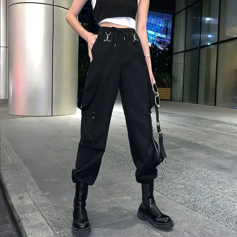 QWEEK Goth Krovinių Kelnės Moterims Punk Plius Dydžio Kelnes Harajuku Aukšto Liemens Kelnės Negabaritinių Nuimamas Dirželis Laisvas Atsitiktinis Kelnės Emo