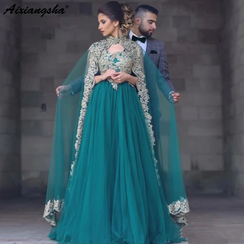 Žalia Musulmonų Vakaro Suknelės-line V-kaklo Tiulio Appliques Zawalcowany Islamo Dubajus, Saudo arabų Ilgas Elegantiškas Vakare Gown