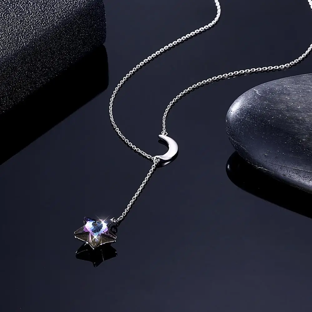 LEKANI 925 Sterling Silver Moon Star Karoliai Moterims, Austrijoje Violetinė Crystal Ilgos Grandinės Dvigubas Pakabukas Karoliai Fine Jewelry