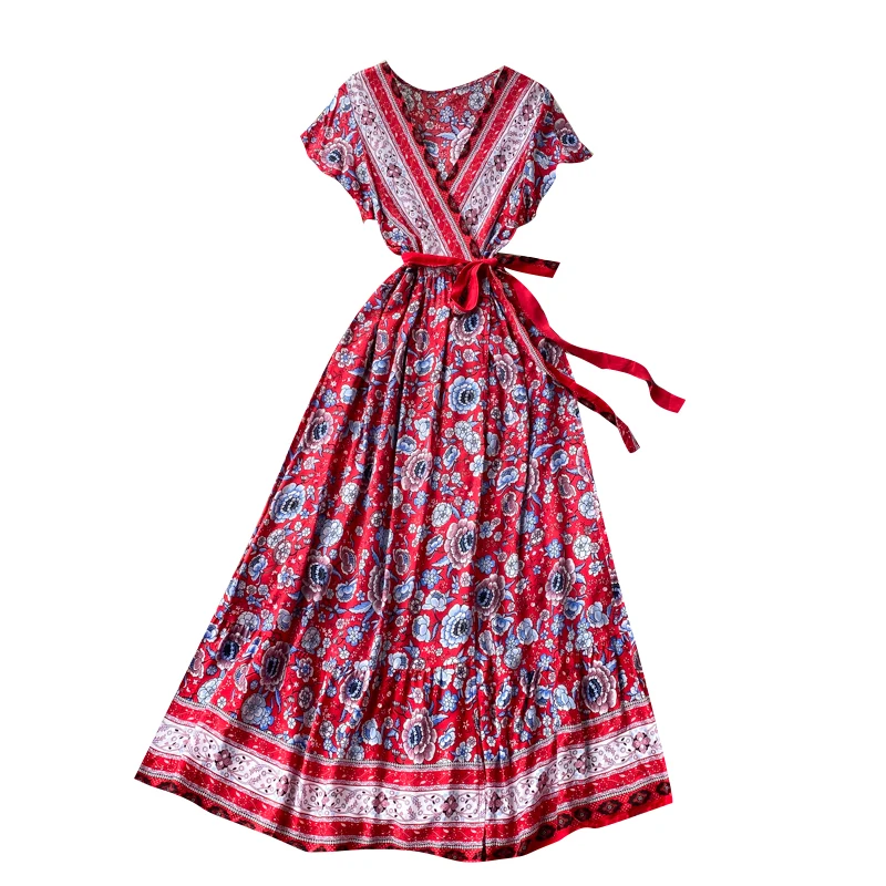 Moterų Bohemijos Atostogų Suknelė Vintage Spausdinti V-kaklo, Trumpas Rankovėmis Aukštos Juosmens Nėrinių iki Paplūdimio Vestidos M547