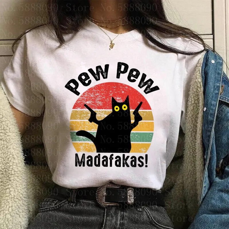 Kawaii Naujas Moterų Vienaragis Šuo Pew Pew Madafakas T-Shirt Mergina Įdomus Katė Gangsteris Su Šautuvu Meme Retro Humoro Viršūnes Tee Moterų Drabužiai