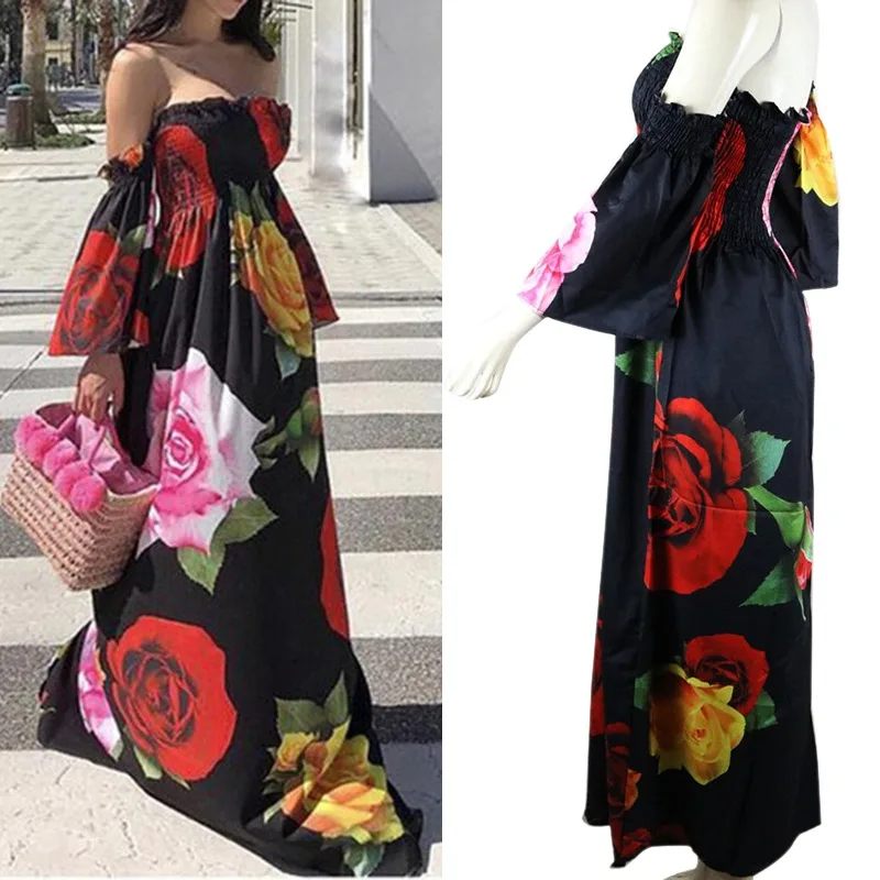 Boho Stiliaus Vasaros Suknelė Moterims Velniop Kaklo Gėlių Spausdinti Pusė Rankovių Suknelės Beach Atsitiktinis Vintage Suknelė Ilgai Vestidos