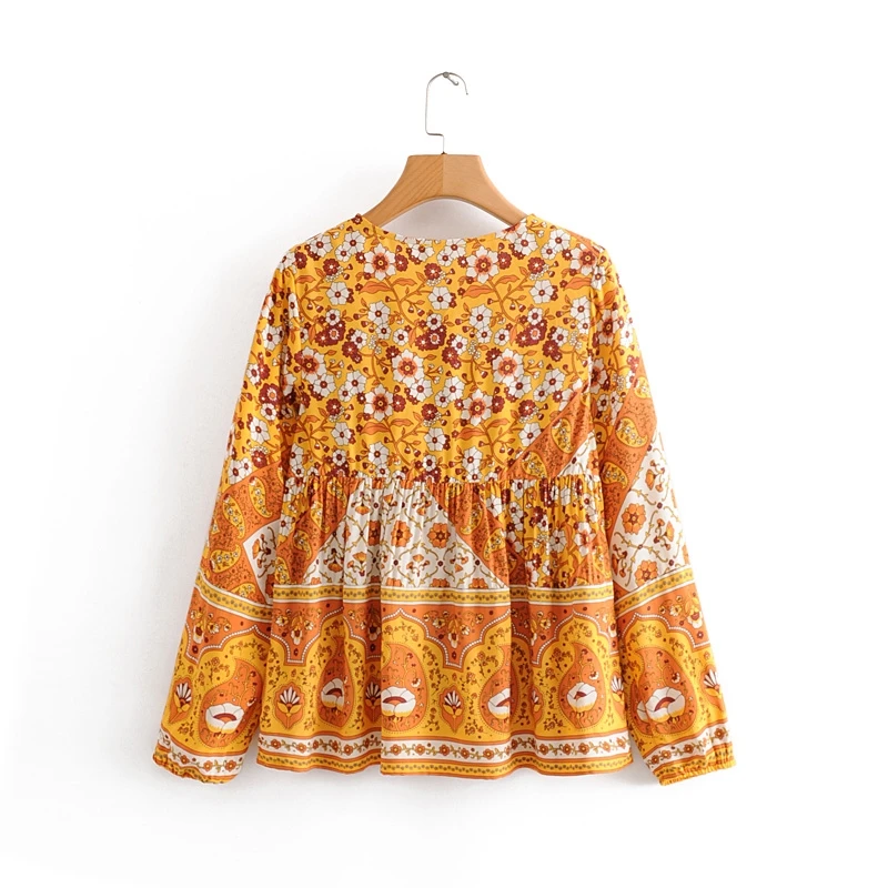 Chu Sau grožį Naujas 2019 Mados Boho Stiliaus Gėlių Spausdinti Marškinėliai Moterims Derliaus Prašmatnus O-kaklo peteliškę Palaidinės Moterų Camisa De Moda