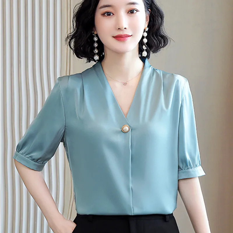 Korėjos Šilko Moterims Palaidinės Moterims, Satino Palaidinė Viršūnes Elegantiškas Moteris, V-kaklo, Trumpas Rankovėmis Marškiniai Plius Dydis Blusas Mujer De Moda 2020 m.
