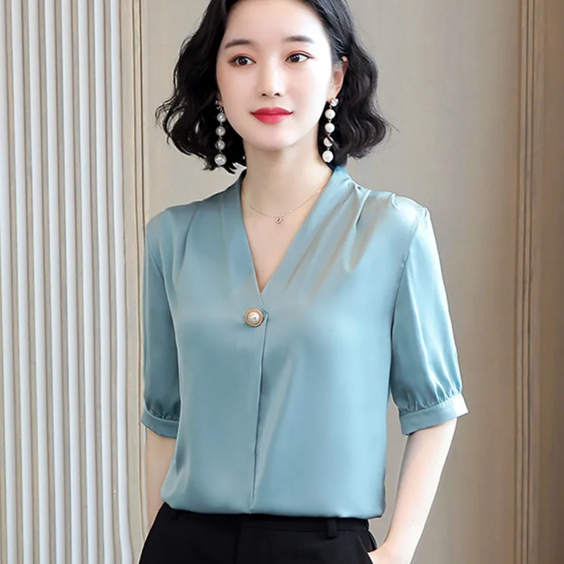 Korėjos Šilko Moterims Palaidinės Moterims, Satino Palaidinė Viršūnes Elegantiškas Moteris, V-kaklo, Trumpas Rankovėmis Marškiniai Plius Dydis Blusas Mujer De Moda 2020 m.
