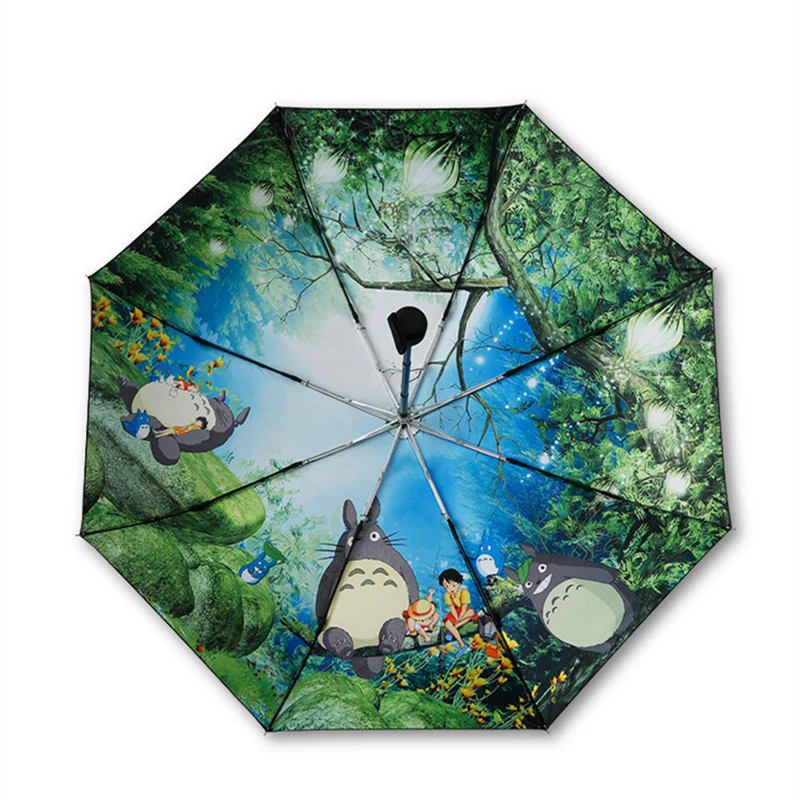 Hayao Miyazaki Anime Totoro Automatinė Lietaus, Saulės, Skėtis Moterų Nešiojamų 3 kartus UV Umbrela Animacinių filmų Skėtis Ghibli Studio