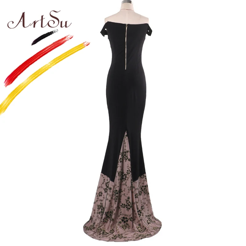 ArtSu Black Grindų Ilgis Undinė Šalis Suknelė Vintage Off Peties Gėlių Siuvinėjimas Kratinys Nėrinių Maxi Suknelė Vestidos Moterims