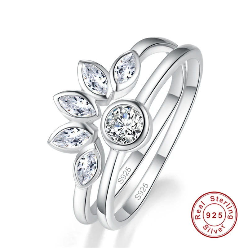 925 Sterlingas Sidabro Gražių Gėlių Formos Balta CZ Piršto Žiedai Moterims, 2vnt Dalyvavimas Fine Jewelry S925 Dovana