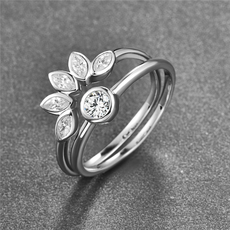 925 Sterlingas Sidabro Gražių Gėlių Formos Balta CZ Piršto Žiedai Moterims, 2vnt Dalyvavimas Fine Jewelry S925 Dovana