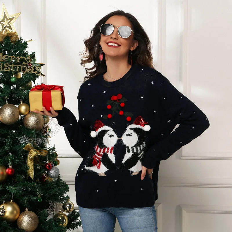 2020 m. Žiemos Naujas Moterų Mažai Pingvinas Žakardo Prarasti ilgomis rankovėmis Megztinis (Puloveris) Kalėdinis Megztinis Modelis Kalėdinis Megztinis