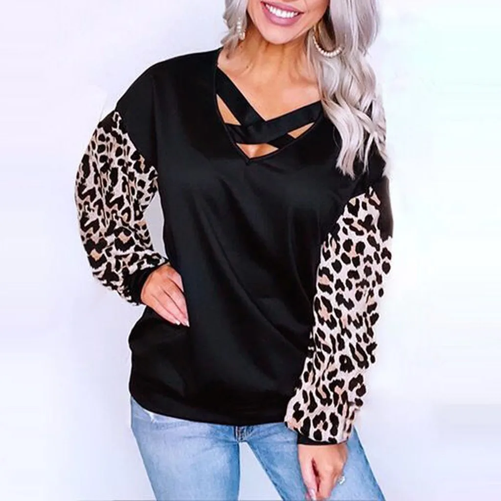 Aukštos Kokybės Naujos T-shirt Moterims, Leopardas spausdinimui Basic marškinėliai Moterims priekiniai kryžiaus viršūnės rudenį reguliariai Rankovėmis Viršūnes Женские топы#3