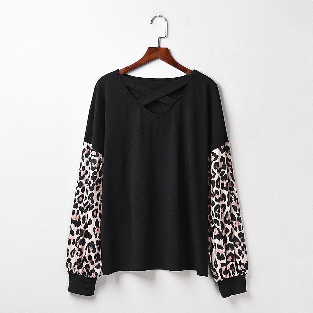Aukštos Kokybės Naujos T-shirt Moterims, Leopardas spausdinimui Basic marškinėliai Moterims priekiniai kryžiaus viršūnės rudenį reguliariai Rankovėmis Viršūnes Женские топы#3