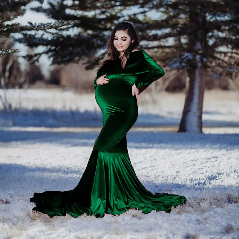 Aksomo Motinystės Off Peties Įrengtas Suknelė Maxi Fotografijos Suknelė Baby Shower Nėštumo Raukiniai ilgomis Rankovėmis Foto Rekvizitai Suknelė
