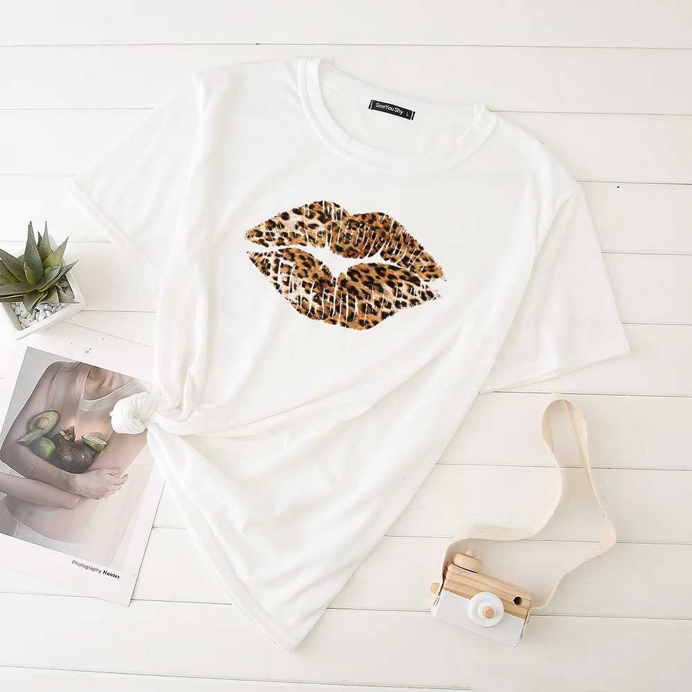 Leopard Lūpų Grafinis T Marškinėliai Streetwear Viršūnes Moterų Harajuku Marškinėliai, Baltos, Rožinės Spausdinti Moteris Tshirts Mados Plius Dydis Atsitiktinis