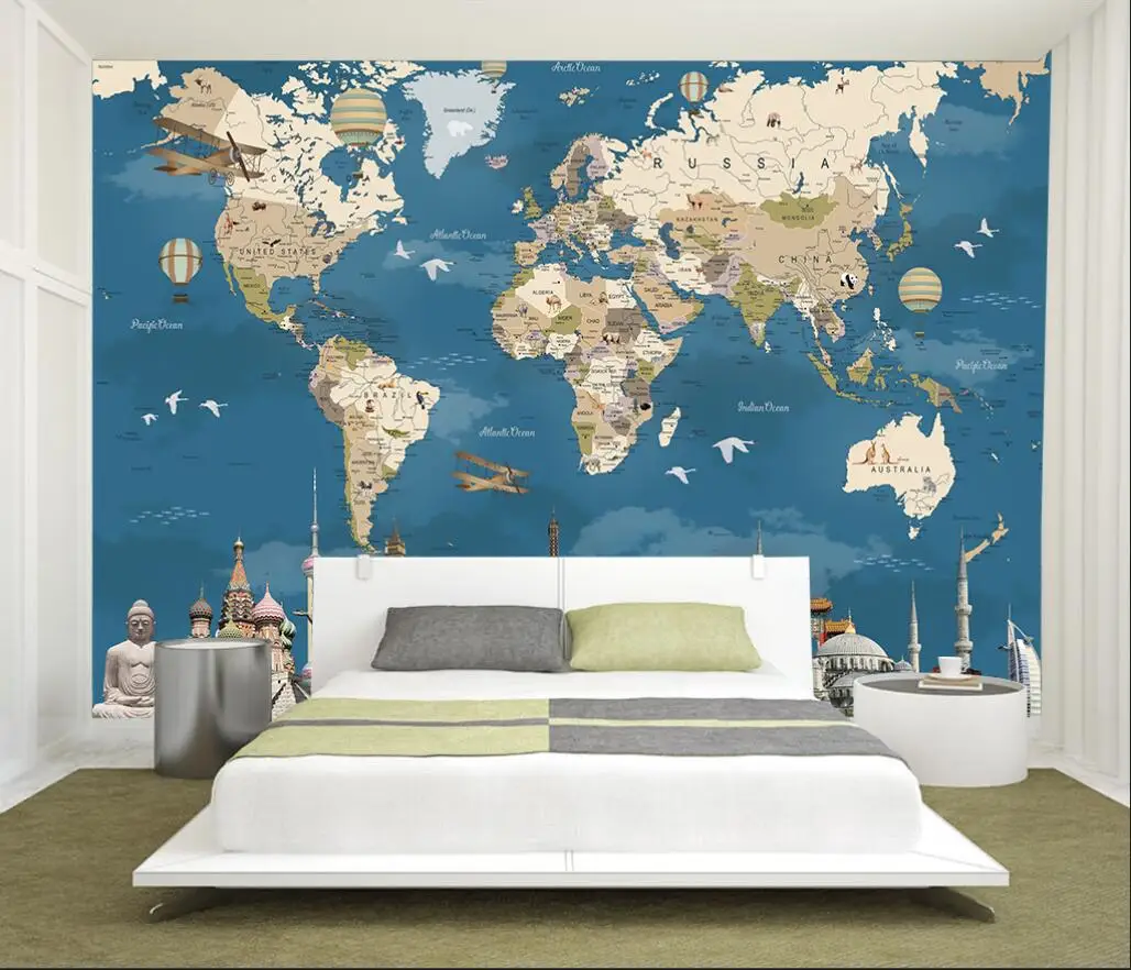 Beibehang Užsakymą tapetai pasaulio žemėlapyje garsaus architektūros gyvenamasis kambarys miegamasis fone namų puošybai TV, sofa 3d tapetai