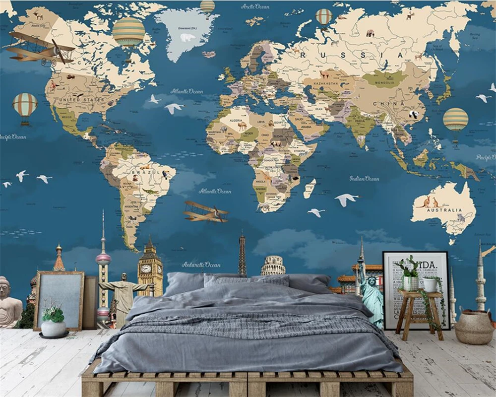 Beibehang Užsakymą tapetai pasaulio žemėlapyje garsaus architektūros gyvenamasis kambarys miegamasis fone namų puošybai TV, sofa 3d tapetai