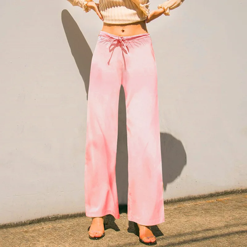 2020 m. Moteris Flare Kelnės Spandex Satino prancūzų Stiliaus Rožinė Žalia Ponios Aukšto Liemens Kelnės Prancūzija Stilius Laisvas Atsitiktinis Bell dugnu