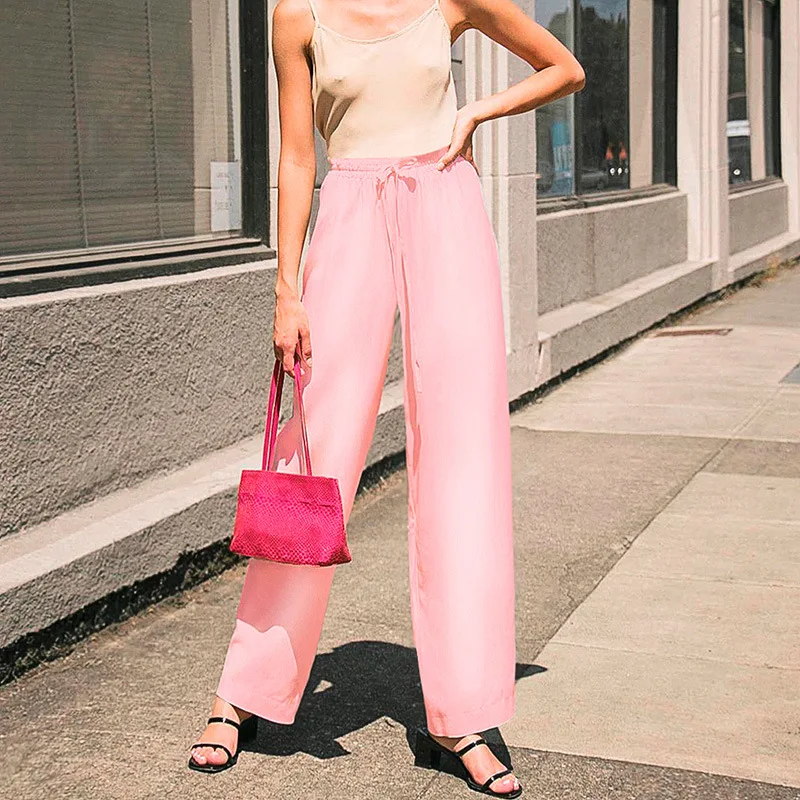 2020 m. Moteris Flare Kelnės Spandex Satino prancūzų Stiliaus Rožinė Žalia Ponios Aukšto Liemens Kelnės Prancūzija Stilius Laisvas Atsitiktinis Bell dugnu