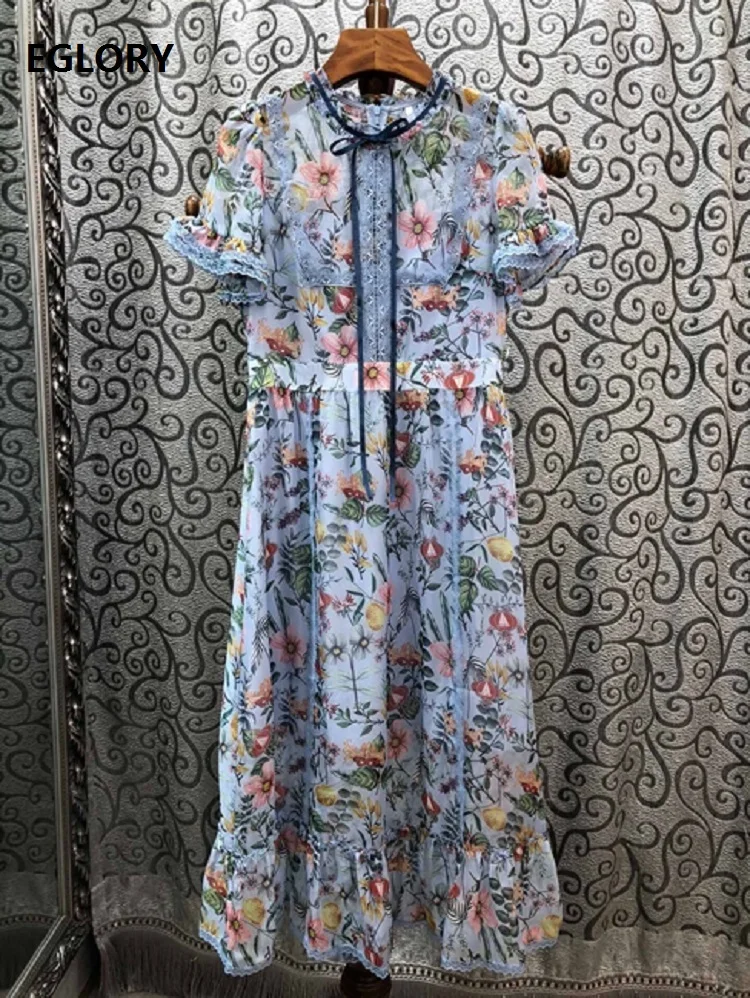 Naujausią Dizainerio Suknelė 2020 M. Vasarą Moteris Žavinga Gėlių Spausdinti Appliques Nėrinių Kratinys Trumpas Rankovės Vidurio Blauzdos Mėlyna Rožinė Suknelė XL