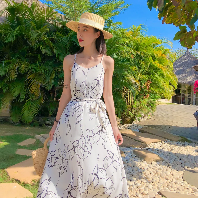 Ilgas Moterų Spausdinti Balto Šifono Dirželis Suknelė Vasaros Elegantiškas Atsitiktinis Šalis Atostogų Suknelė su Diržo kilimo ir tūpimo Tako Atogrąžų Paplūdimio Sundress