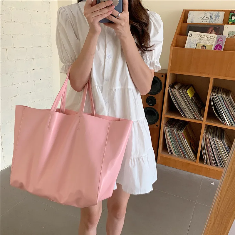 Korėjiečių moterų rankinės Didelės talpos Minkštos PU odos moterų Pečių krepšiai, vientisos spalvos Atsitiktinis ponios didelis Entire kelionės Pirkinių Krepšys