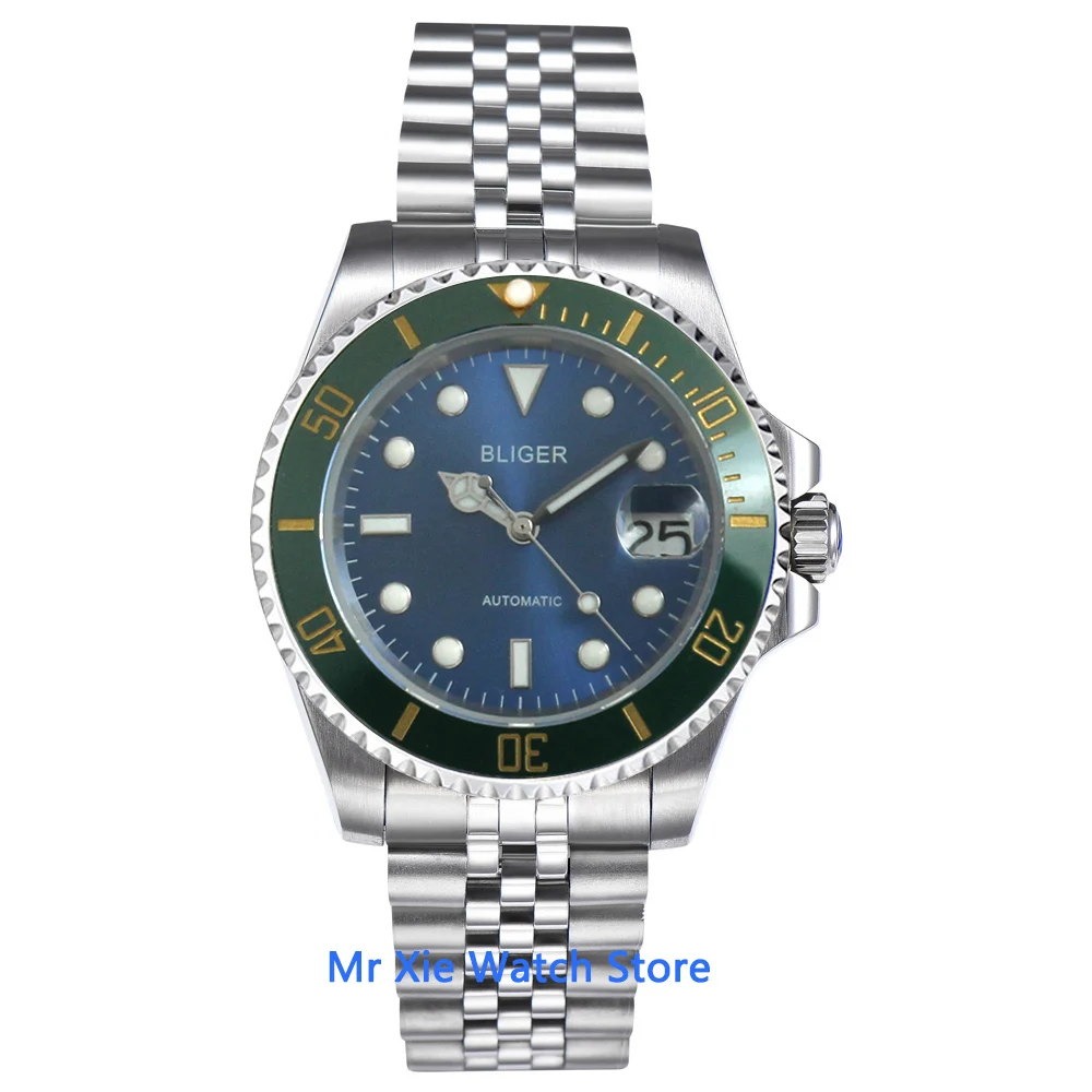 Bliger 40mm Blue Dial Mens Watch Keramikos Bezel Safyro Stiklas Šviesos Vandeniui NH35 Automatinis Judėjimo Vyrų Laikrodis