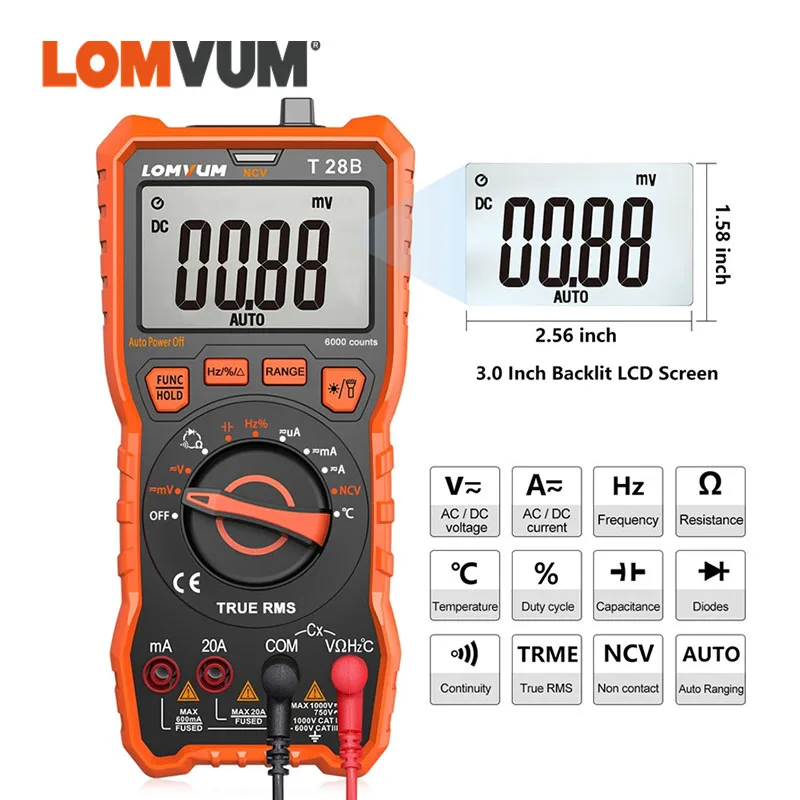 LOMVUM NCV Skaitmeninis Multimetras 6000 Skaičiuoja Elektros Testeris AC/DC Įtampa Srovės Detektorių Atsparumą Talpą, Auto Diapazonas