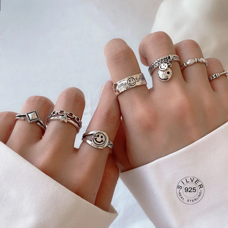 Nekilnojamojo 925 sterlingas sidabro piršto žiedai moterims, geltona, šypsena, veido Madinga fine Jewelry Didelio Aukščio Antikvariniai Žiedai Anillos