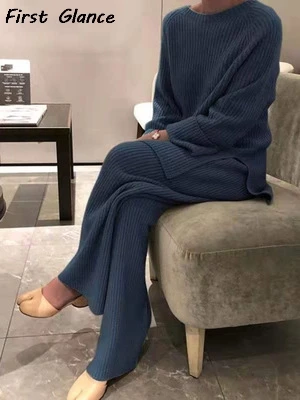 Moteris Gryna Spalva Mados Megzti Kostiumas 2020 M. Pavasarį Ir Rudenį Naujų Palaidų montavimo Megztinis Platus-kojų Kelnės Dviejų dalių Rinkinys