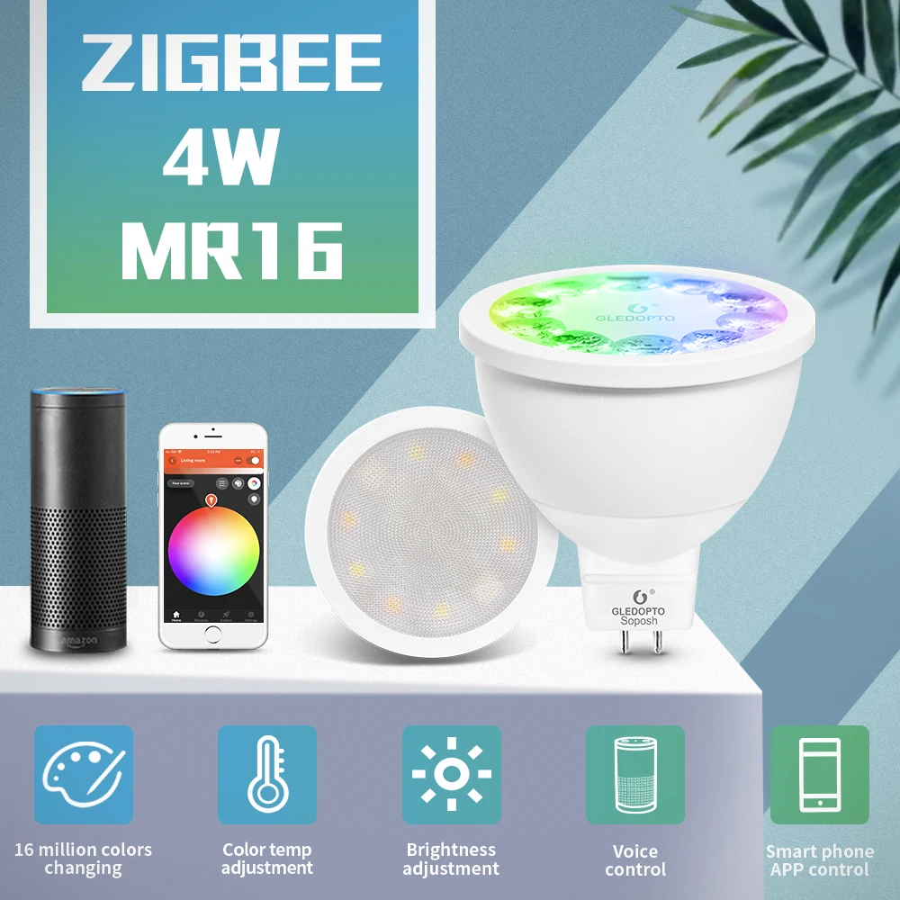 GLEDOPTO ZIGBEE MR16 LED 4W RGB+BMT dėmesio ww/cw 2700-6500k DC12V šiltai balta dirbti su zigbeeZLL 3.0 vartai 