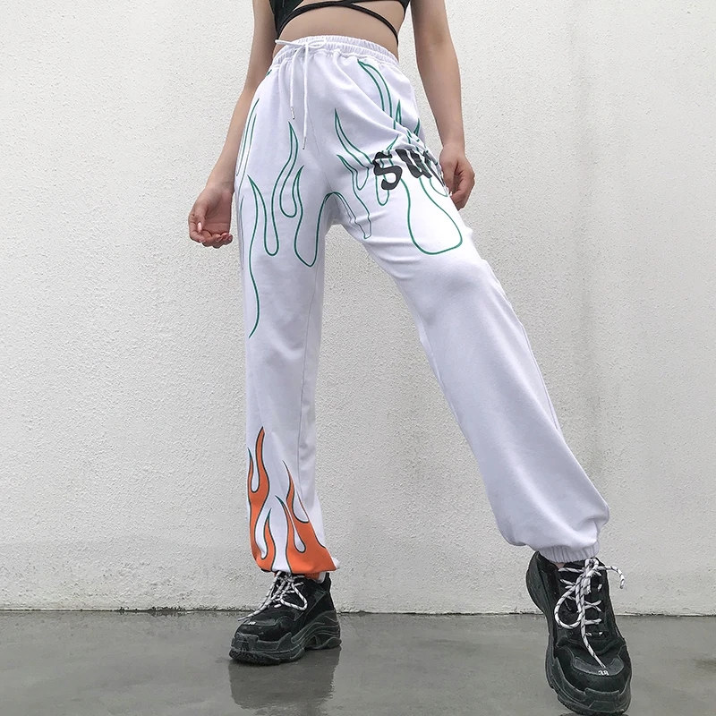 Weekeep Aukšto Juosmens Liepsna Spausdinti Moterų Sweatpants Balta Elastiniu Juosmeniu Kelnių Streetwear Pieštuku Kelnės Moterims 2019
