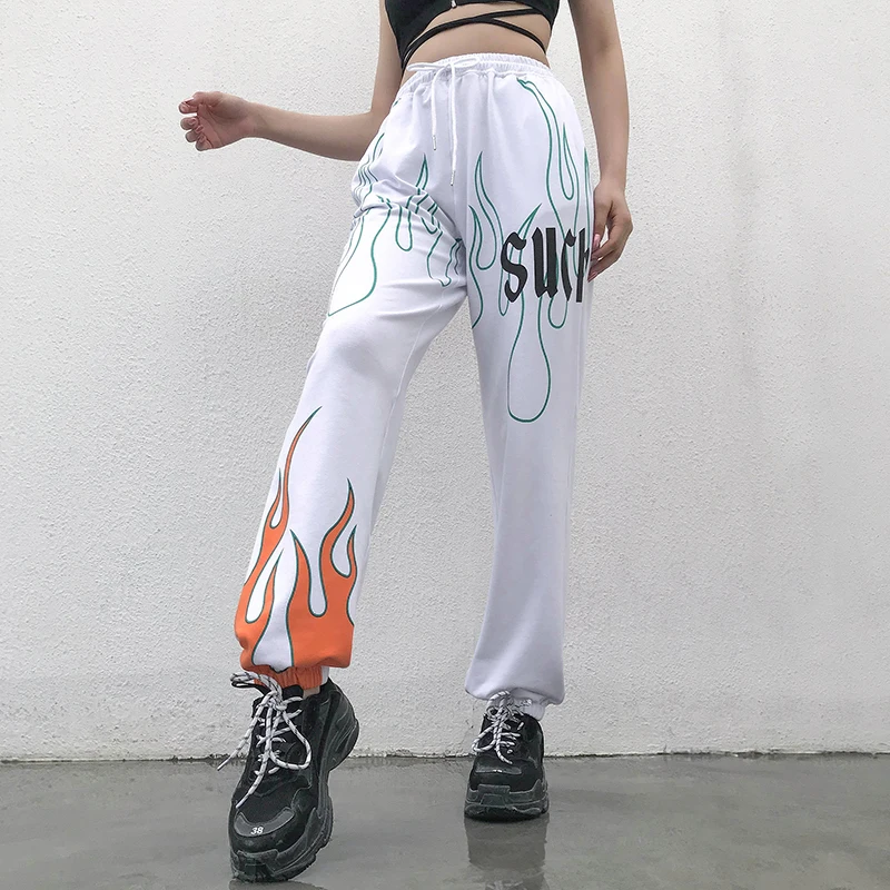 Weekeep Aukšto Juosmens Liepsna Spausdinti Moterų Sweatpants Balta Elastiniu Juosmeniu Kelnių Streetwear Pieštuku Kelnės Moterims 2019