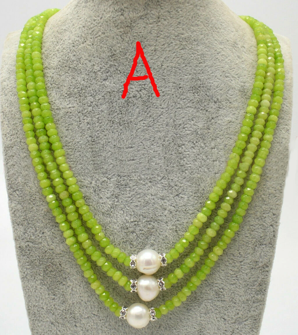 3rows 2x4mm Briaunotas 3color Smaragdas žalia raudona jade ir 9-10mm baltos spalvos gėlavandenių perlų vėrinį 17