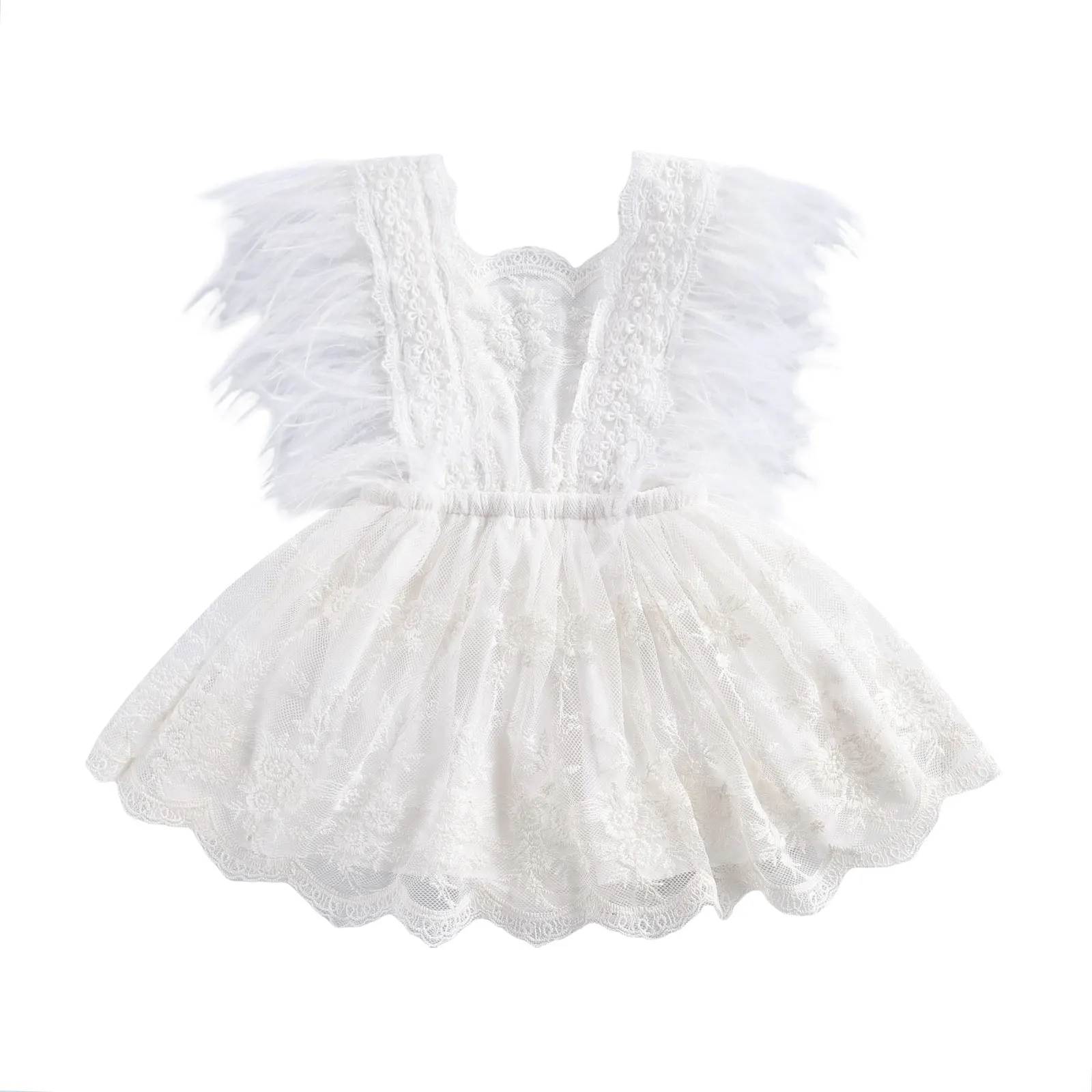 2021 Naujas Vasaros 0-24M Baby Girl Plunksnų Suknelė Stiliaus Nėrinių Bodysuit Balta Užsiliepsnojo Trumpas Rankovės Gėlių Siuvinėjimas Nuotrauka