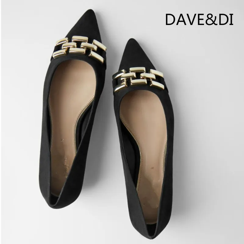 DAVE&DI INS mados bloggers vasaros anglija stiliaus biuro panele, paprastas metalinės grandinės juoda Butas batai Smaigalys batus moteris bateliai moterims