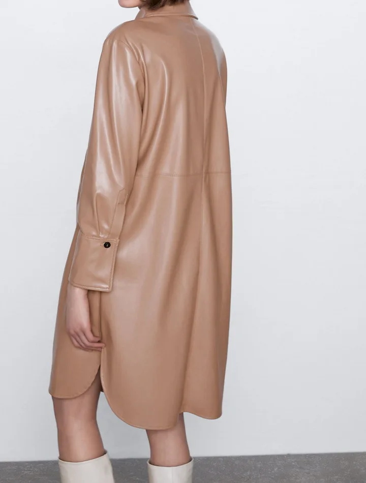 Naujų 2020 m. Brown PU Dirbtiniais Odos Marškinėliai Suknelė Moterims ilgomis Rankovėmis Mygtuką Šalies Ilga Suknelė Naktinis Klubas Mados Ponios Streetwear