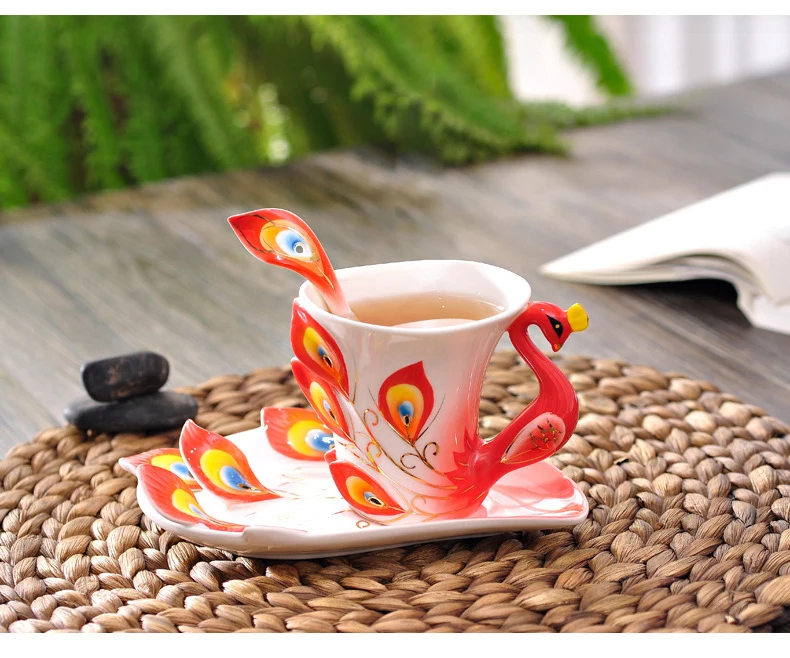 Kūrybos 1 Vnt Povas Kavos Puodelio,Keramikos Puodelius Kaulų Kinija 3D Spalvų Emalį Puodelis su Lėkštė ir Šaukštas Kavos, Arbatos Rinkiniai