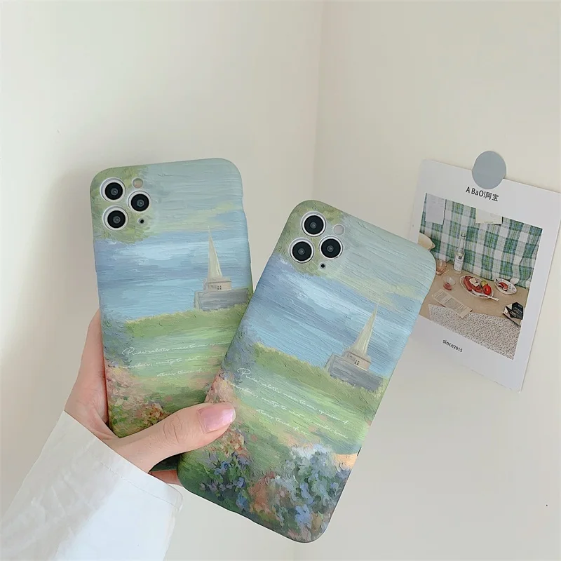 Retro meno aliejaus tapybai kraštovaizdžio Telefono dėklas Skirtas iPhone 11 Pro Max Xr Xs Max X 7 8 Plus SE atvejais Skystu Silikonu Minkštas Viršelis rubisafe