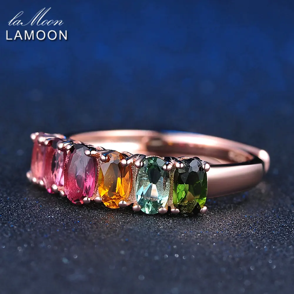 LAMOON Įvairių spalvų Turmalinas Žiedai Moterims tikras Natūralus Akmuo 1.5 ct 925 Sterlingas Sidabro Šalis Žiedas Fine Jewelry RI005