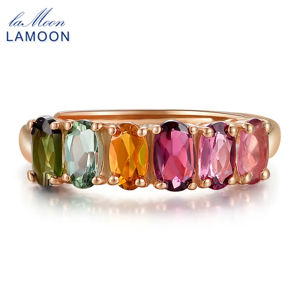 LAMOON Įvairių spalvų Turmalinas Žiedai Moterims tikras Natūralus Akmuo 1.5 ct 925 Sterlingas Sidabro Šalis Žiedas Fine Jewelry RI005