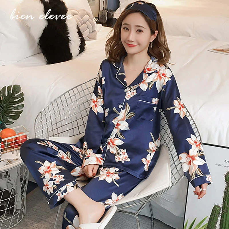 Moterų Pajama Komplektai Dirbtiniais Šilko Satino Sleepwear Gėlių Spausdinti Pijama Turn-Žemyn Apykaklės Sleepshirt Kostiumas Ilgomis Rankovėmis Pavasarį Rudenį