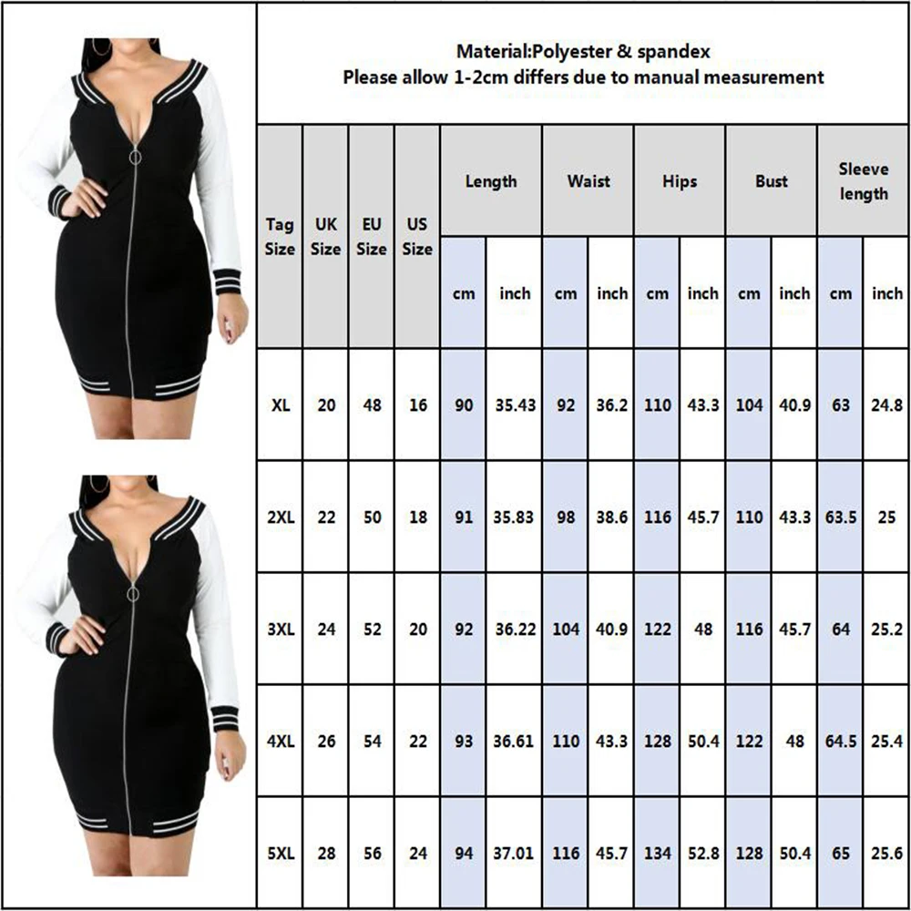 Moterų Plius Dydis XL-5XL Užtrauktukas ilgomis Rankovėmis Suknelė Seksualus Ponios V Kaklo Bodycon Sporto Suknelė Juoda Balta Paprasta Stiliaus Suknelės D30