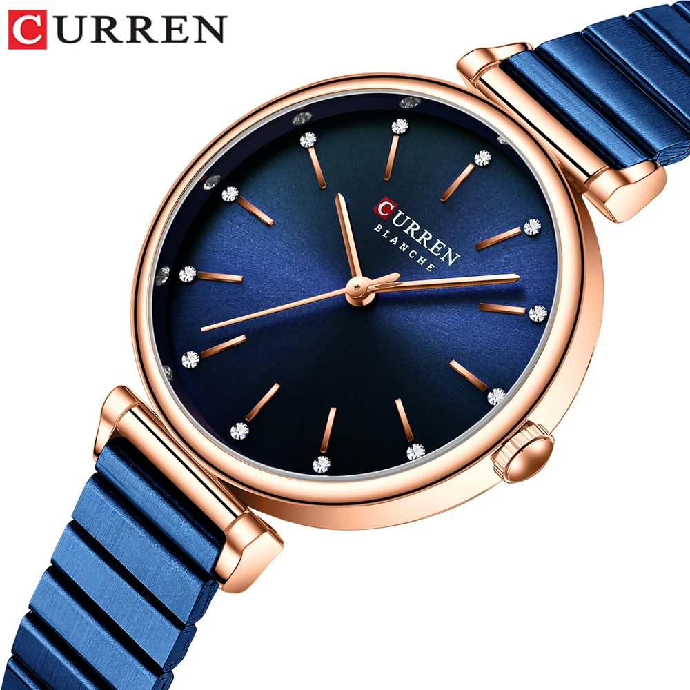 CURREN Moterų Laikrodžiai Naujas TOP Brand Prabanga Kvarcinis Laikrodis su Nerūdijančio Plieno Juosta Cirkonio Dial Blue Laikrodis Moteris