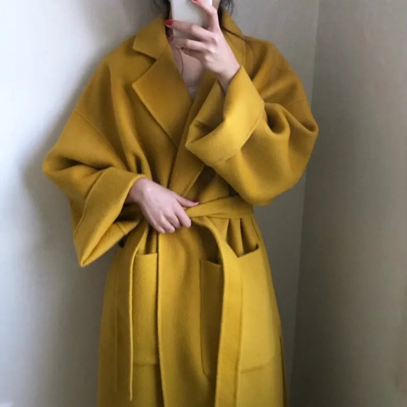 Moterų geltonos spalvos Elegantiškas Žiemos vilnos Paltas Ilgas Tvarstis Vilnonis Megztinis Kailis Purus Plius Dydis outwear su kišenėje pasukite žemyn apykaklės