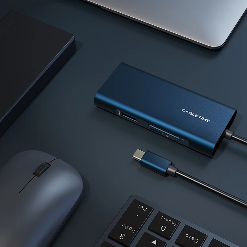 CABLETIME HUB USB C su USB 3.0 PD HDMI SD/TF Tamsiai mėlyna Kortelių Skaitytuvo Adapteris, skirtas Macbook air pro Huawei Matebook X 13 C256